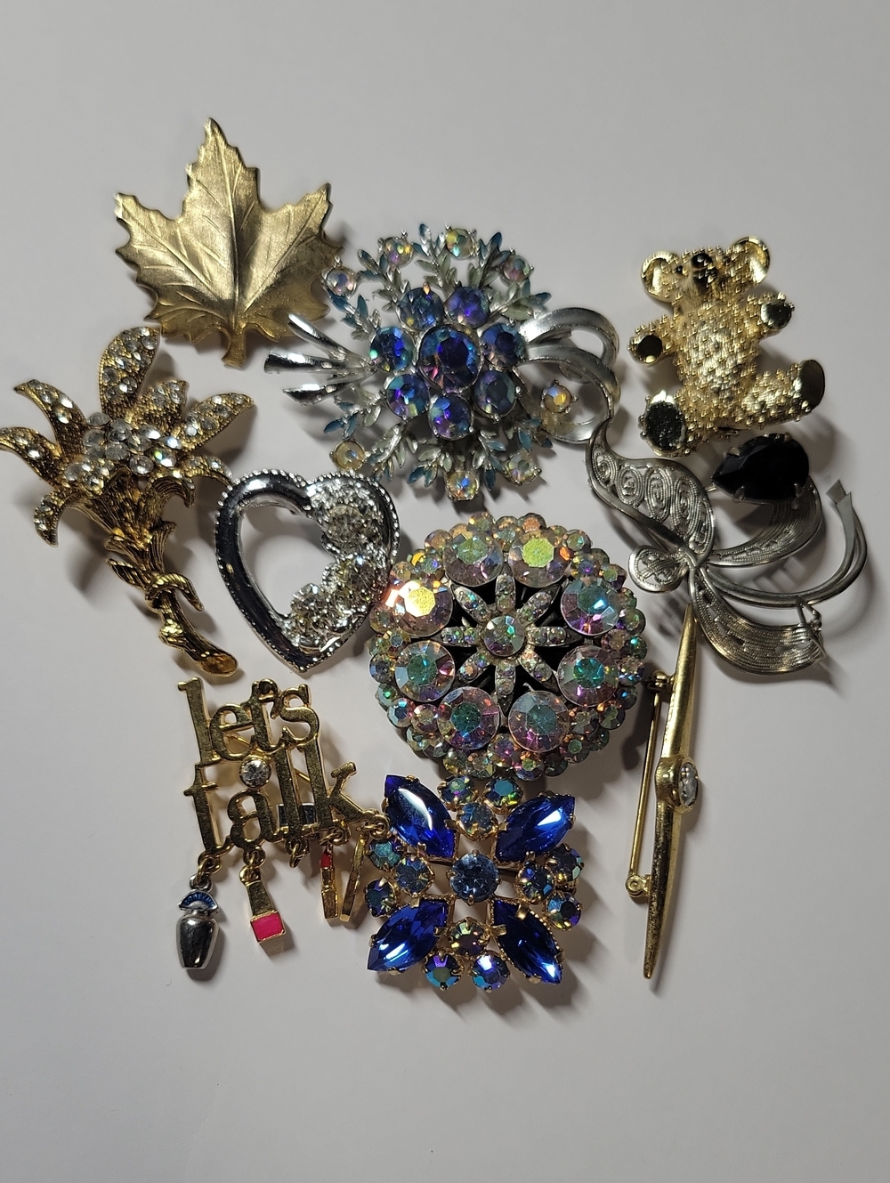 Mixed Gold Tone and Blue Crystal Women's Jewelry Brooch Set